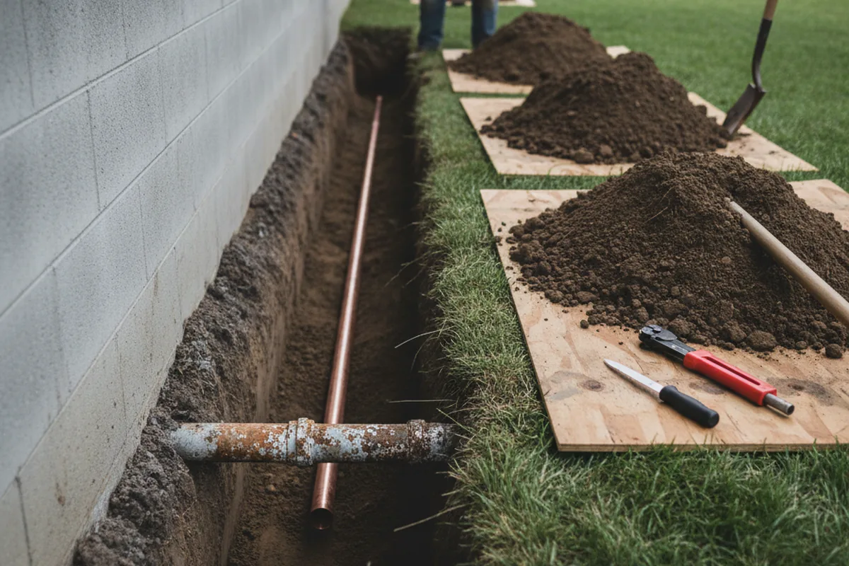 Excavated water line trench during Water Softener Installation in Andrews